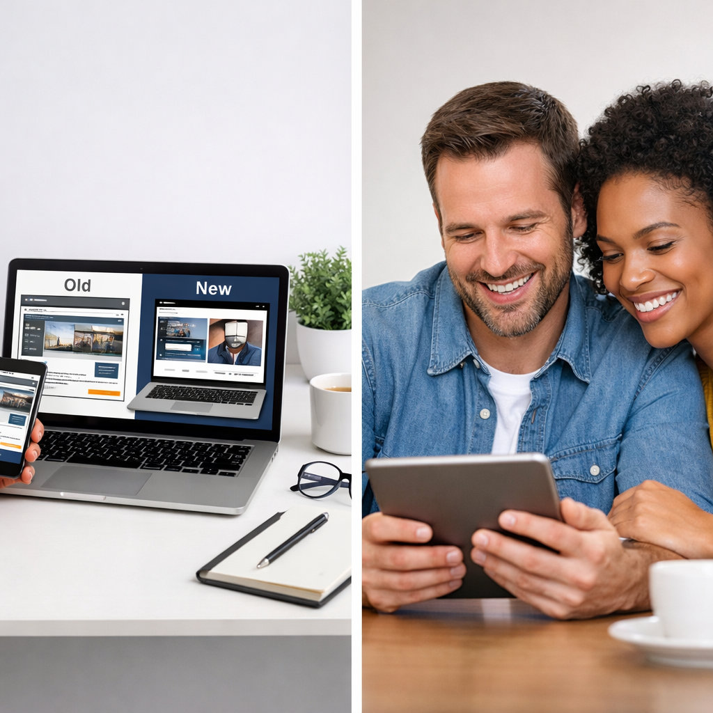 Modern website redesign showcase showing responsive design on multiple devices